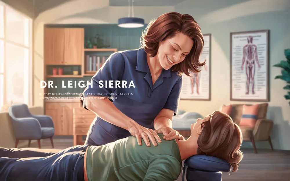 An image depicting Dr. Leigh Sierra, a chiropractor, providing chiropractic treatment to a patient lying on a treatment table in her office