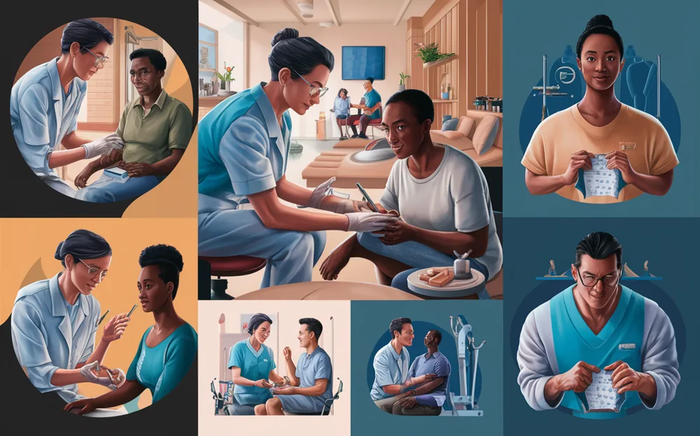 A series of illustrations depicting healthcare professionals providing personalized care and support to patients through various stages of treatment, adjustments, and rehabilitation.