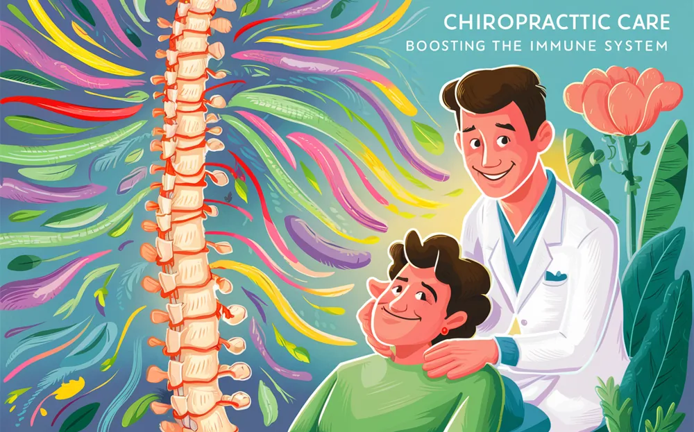An illustration depicting a chiropractor adjusting a patient's spine, surrounded by imagery representing a boosted immune system and natural health elements like cells, flowers, and vitamins.