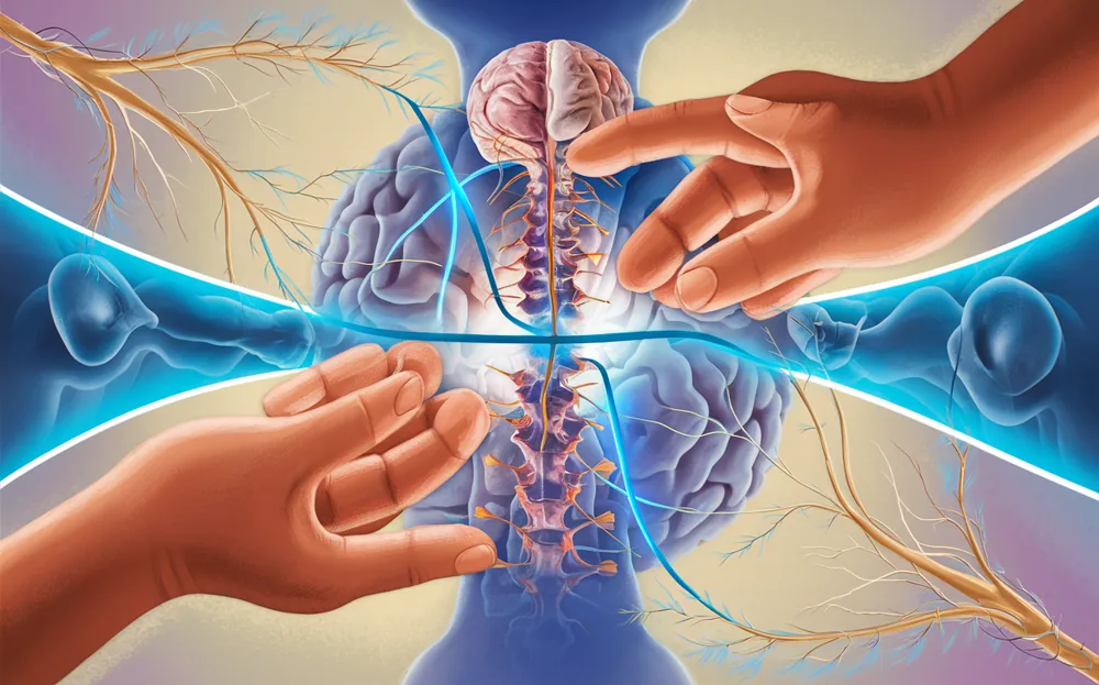 An illustration depicting chiropractic care, with a person's hands adjusting the spine, represented by a skeletal backbone surrounded by intertwining branches, emphasizing the connection between spinal health and the nervous system.