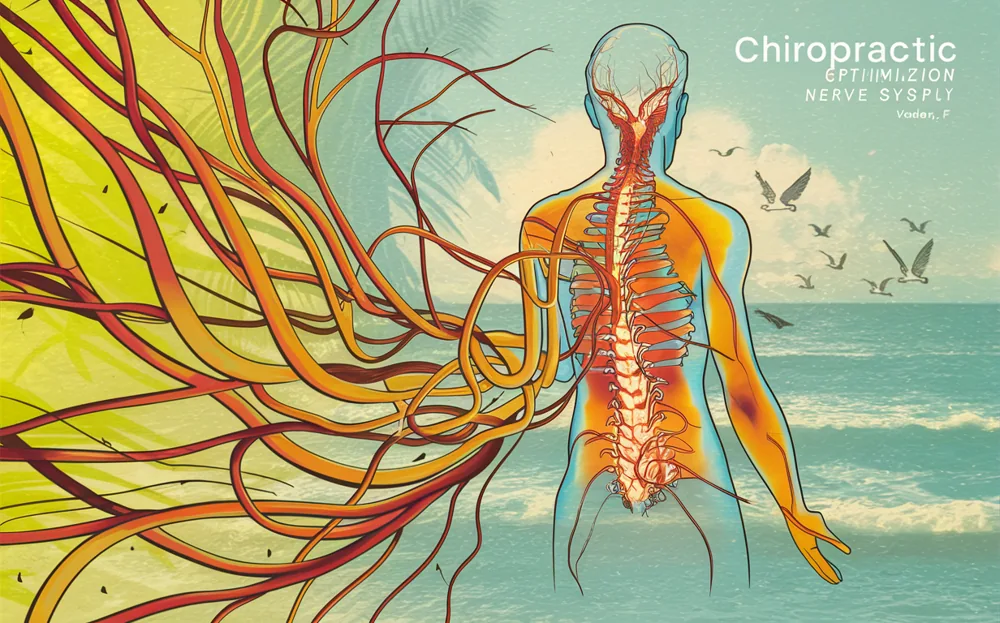 A colorful and abstract illustration depicting the human anatomy, with a focus on the nervous system and spinal cord, set against a beach backdrop with waves and seagulls, suggesting the chiropractic services available in Venice, Florida.