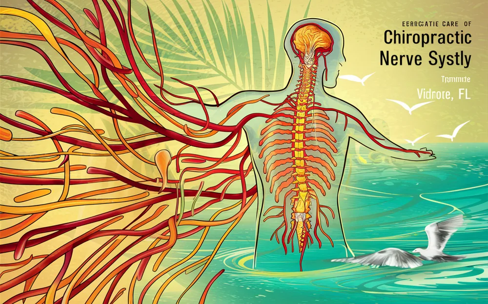 An artistic illustration depicting the human spinal column as a fiery, intertwined nerve structure erupting from the ocean waves, surrounded by palm trees and seagulls, symbolizing the harmonization of the nervous system through chiropractic care against the backdrop of nature.