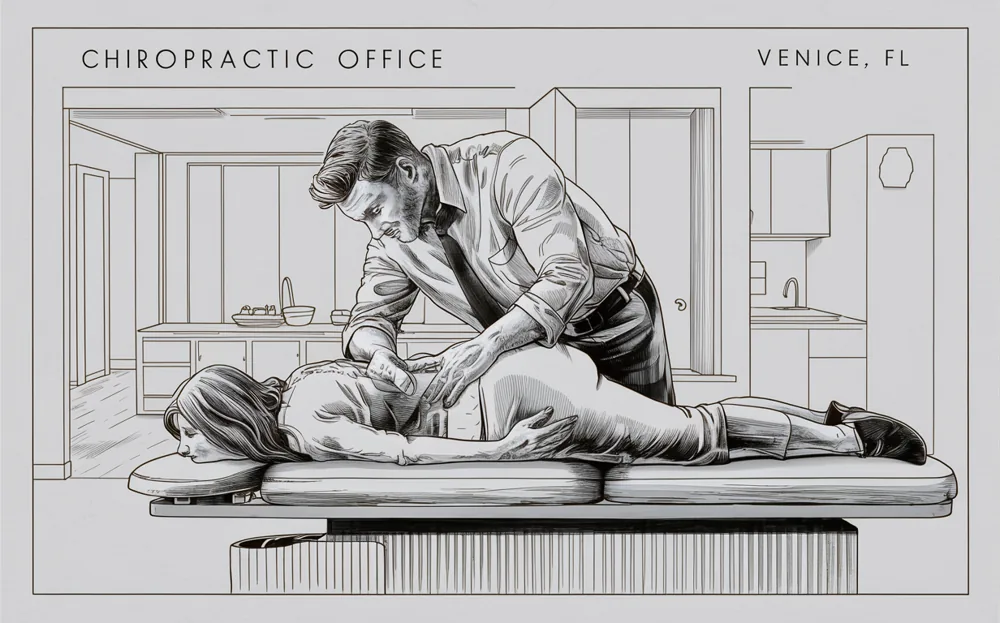 An illustration depicting a chiropractor performing an adjustment on a patient lying on a treatment table in a chiropractic office setting in Venice, Florida.