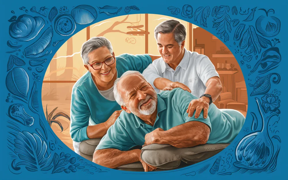 An illustration showing three senior men, one sitting on a chair being attended to by a chiropractor, while another man watches with a smile, surrounded by decorative vegetable illustrations.