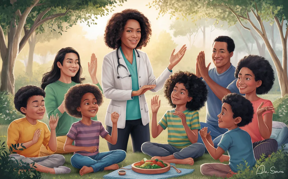 An illustration depicting a diverse group of children and adults gathered in an outdoor setting, participating in a family wellness program led by a smiling doctor wearing a white coat and stethoscope. The participants are seated on the grass, waving their hands and engaging with the doctor, suggesting a nurturing and educational environment focused on holistic health.