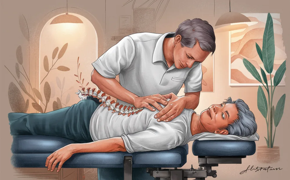 A chiropractor providing a spinal adjustment to a patient lying on a treatment table in a serene, nature-inspired office setting.