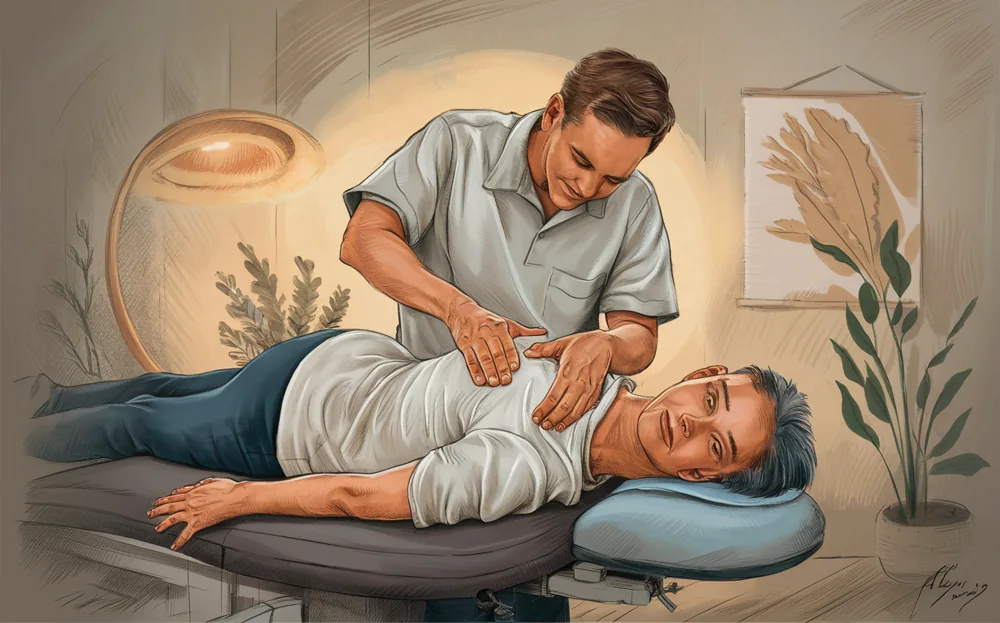 A chiropractor performing a spinal adjustment on a patient lying on a treatment table, surrounded by natural elements depicting a serene and rejuvenating environment.