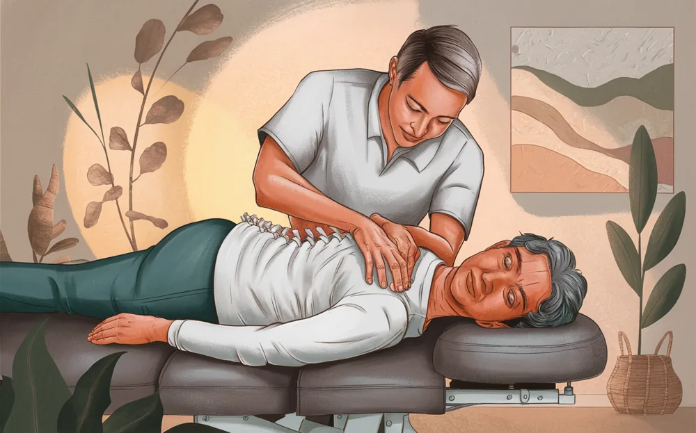 A chiropractor performing a spinal adjustment on a patient, promoting proper alignment and overall well-being through chiropractic care.
