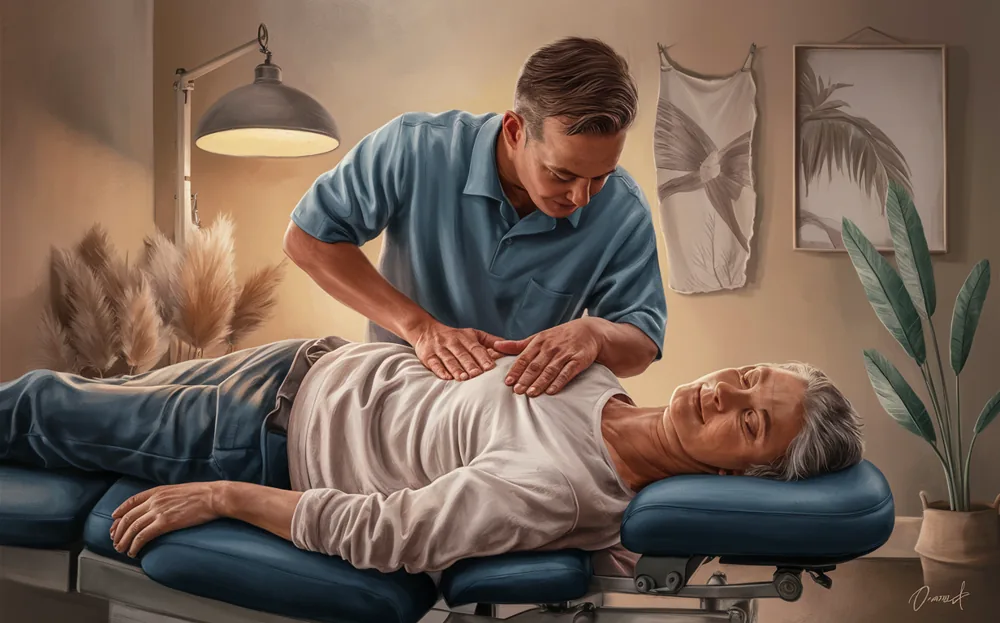 An illustration depicting a smiling person with a visible spinal column, surrounded by hands representing chiropractic care and its transformative impact on overall well-being and vitality.
