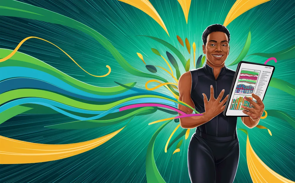 An illustration of a smiling nutritionist holding a tablet displaying health data and analytics, set against a vibrant background of flowing organic shapes and colors representing wellness and vitality.