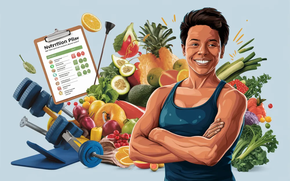 An illustration of a fit person surrounded by nutritious foods, exercise equipment, and a nutrition plan checklist, promoting a balanced diet and active lifestyle.