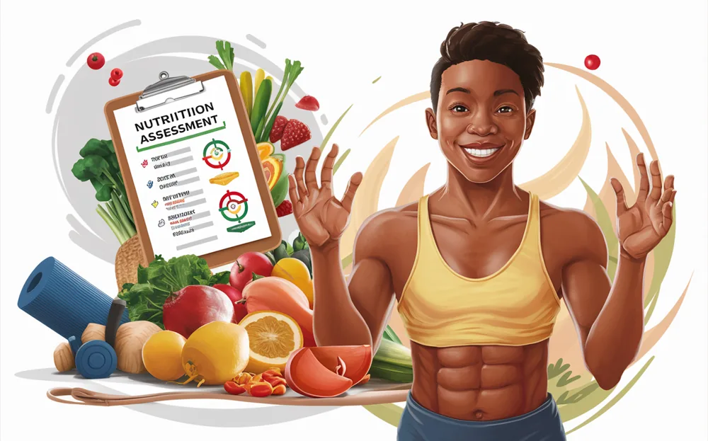 An illustration depicting a smiling and fit woman surrounded by various healthy foods like fruits, vegetables, and exercise equipment, along with a nutrition assessment clipboard.