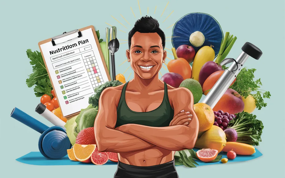 An illustration depicting a smiling woman surrounded by various fruits, vegetables, and exercise equipment, along with a nutrition checklist, representing a balanced approach to health through proper nutrition and physical activity.