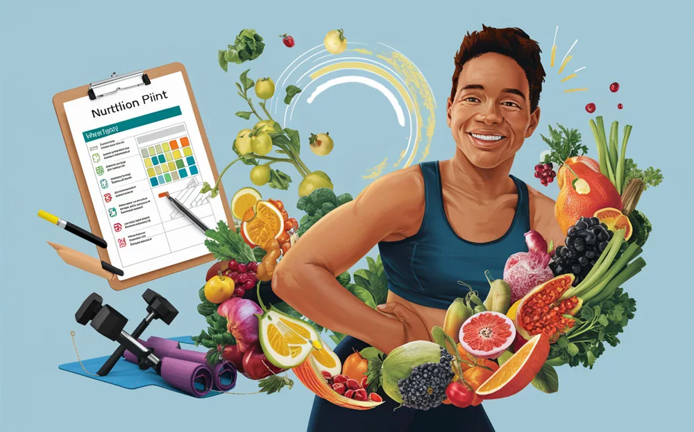 An illustration depicting a person using a tablet to track and analyze their nutritional intake, surrounded by various healthy foods like fruits, vegetables, grains, and protein sources, along with a data visualization on a tablet showing nutrition metrics.