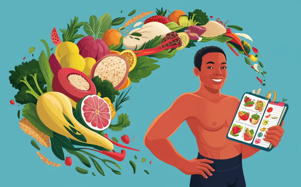 An illustration of a smiling man holding a notebook with vibrant fruits and vegetables surrounding him, symbolizing a commitment to healthy eating and wellness.