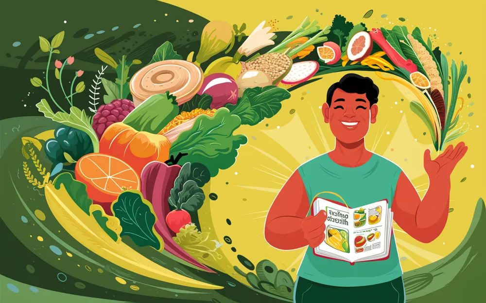 An illustration of a smiling woman holding a nutrition guide book surrounded by a vibrant array of healthy foods like fruits, vegetables, grains, and proteins, symbolizing a balanced and joyful approach to nutrition.
