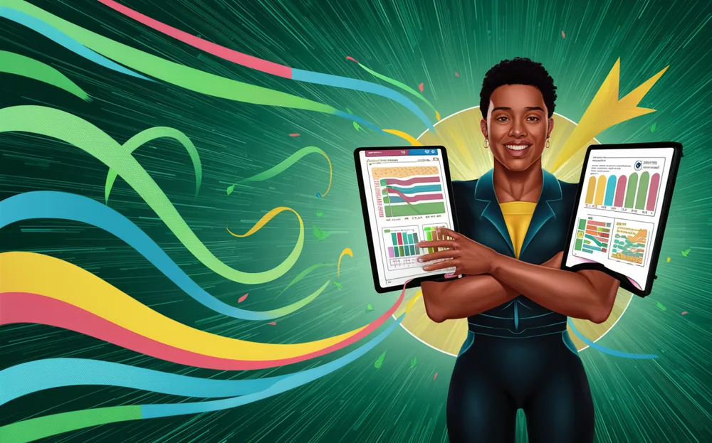 An illustration of a smiling woman reviewing nutrition data and charts on digital tablets, surrounded by colorful swirling patterns representing wellness and progress.