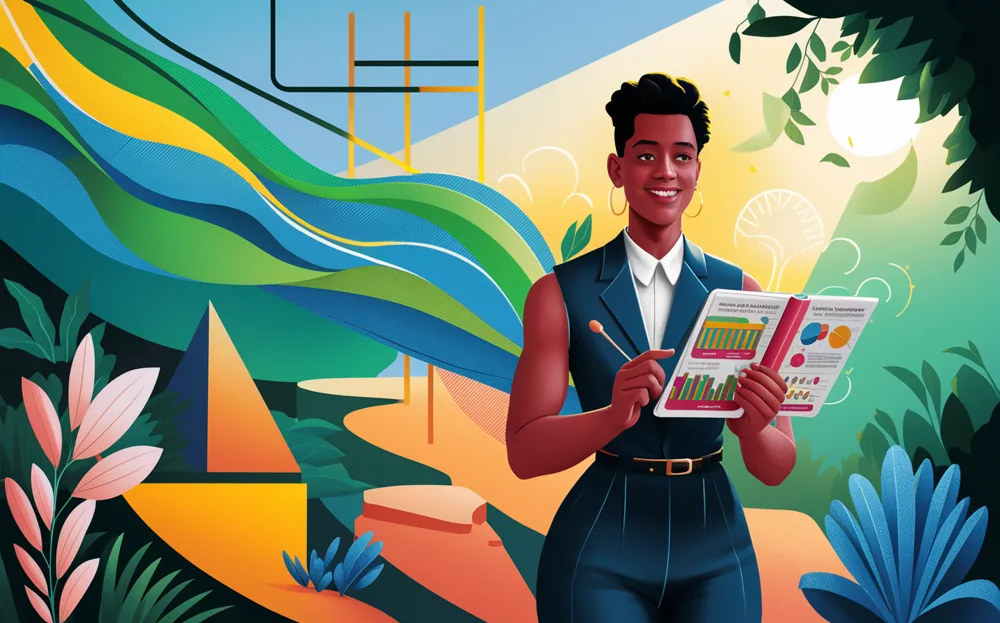 An illustration of a smiling man holding tablets displaying nutrition assessment charts and goal tracking data on a colorful, energetic background representing wellness and healthy living.