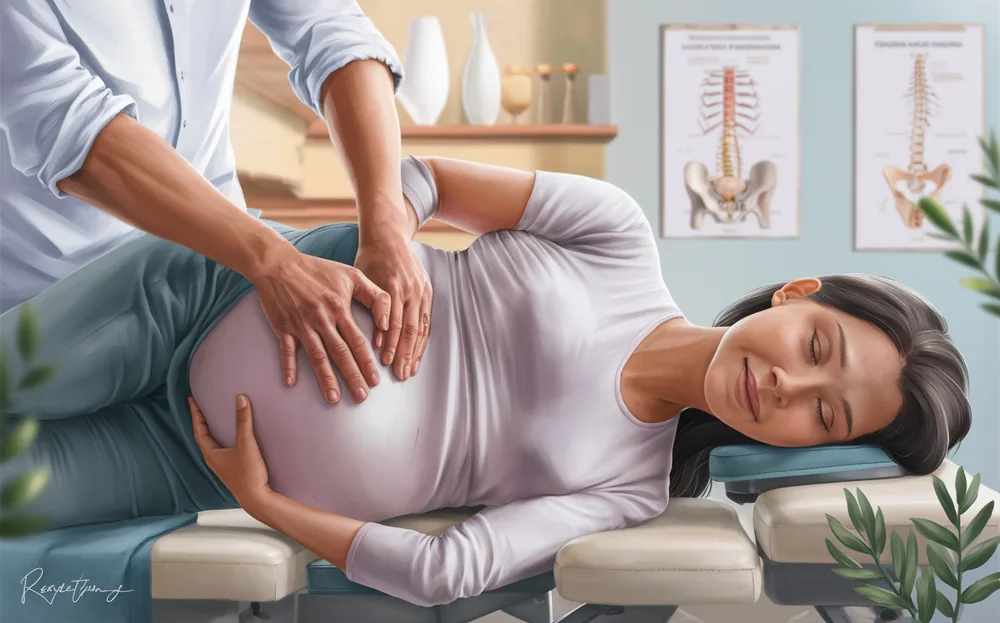 A pregnant woman receiving chiropractic adjustment for optimal pelvic balancing and alignment from a practitioner in a clinical setting with anatomical spine charts on the wall.