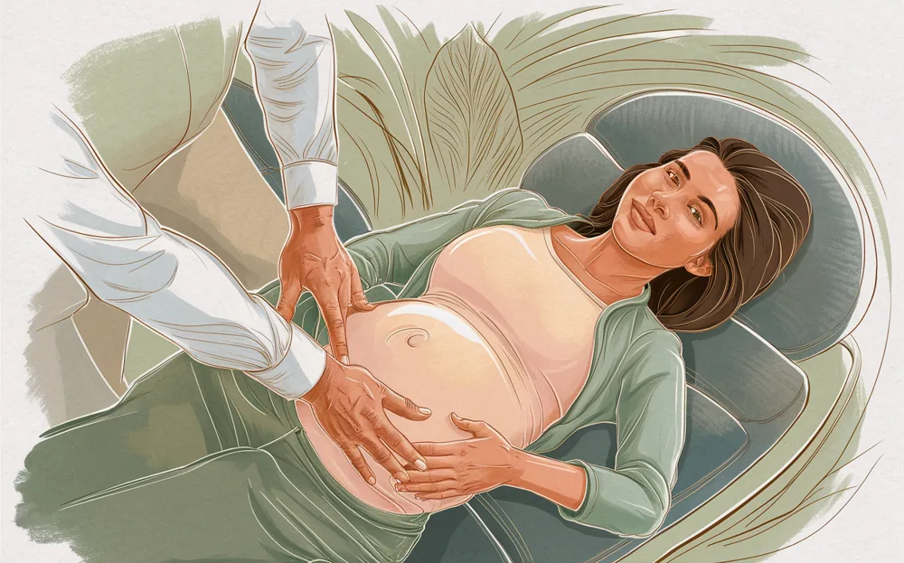 An illustration of a pregnant woman receiving prenatal chiropractic care to optimize pelvic balance and alignment for a healthy pregnancy