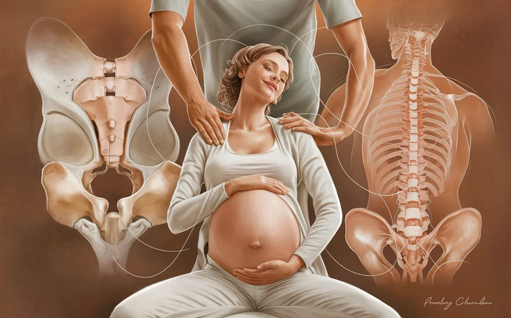 An illustration depicting a pregnant woman receiving a chiropractic adjustment to help align and balance her pelvis during pregnancy