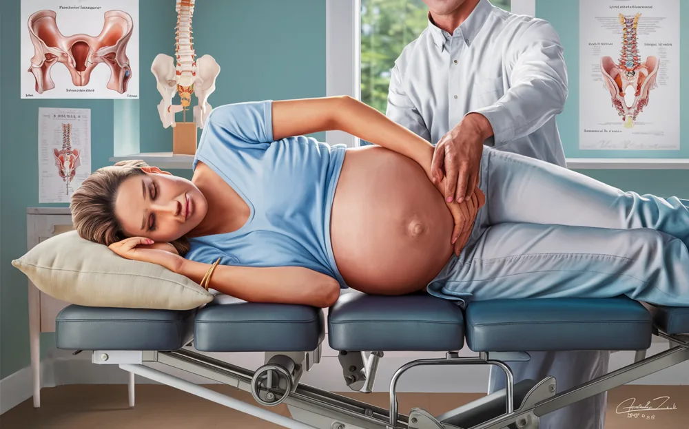 A pregnant woman receiving a chiropractic adjustment to optimize pelvic alignment and balance, with a cross-sectional illustration showing the positioning of the fetus