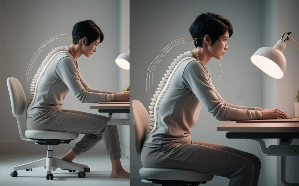 An illustration showing a person sitting with good posture at an ergonomic workstation, with a curved back support and correct positioning of the arms and legs for comfortable computer use.