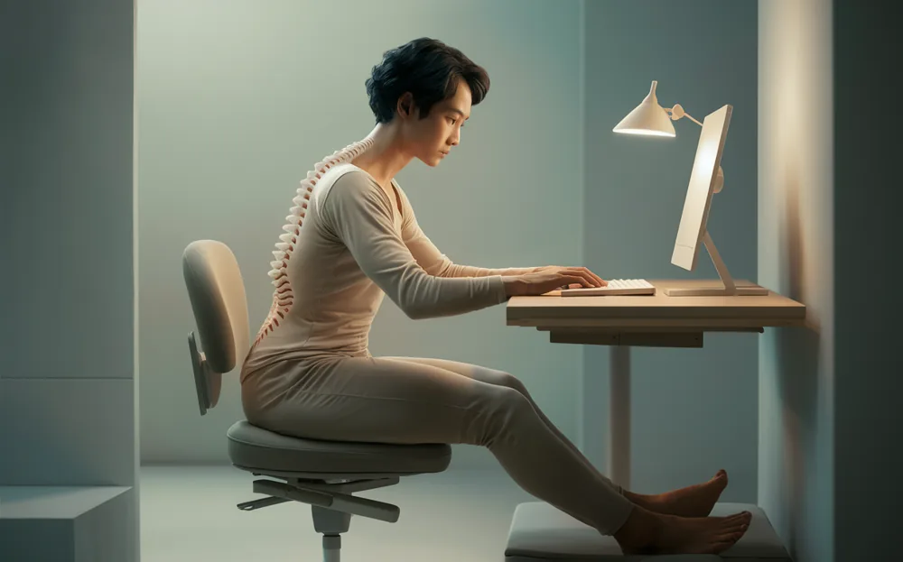 An illustration depicting a person working at an ergonomic workstation with proper posture and spine alignment, with a skeletal overlay highlighting the ideal spinal curvature