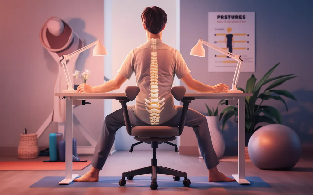An illustration depicting a person sitting with good posture at an ergonomic workstation, with a visible spine diagram highlighting the importance of proper posture and a poster about postures on the wall.