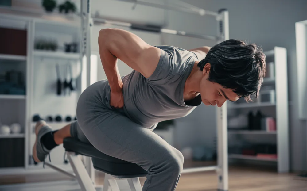 A person performing a yoga pose on a mat, stretching their back and core muscles to improve spinal flexibility and strength as part of a rehabilitation routine.