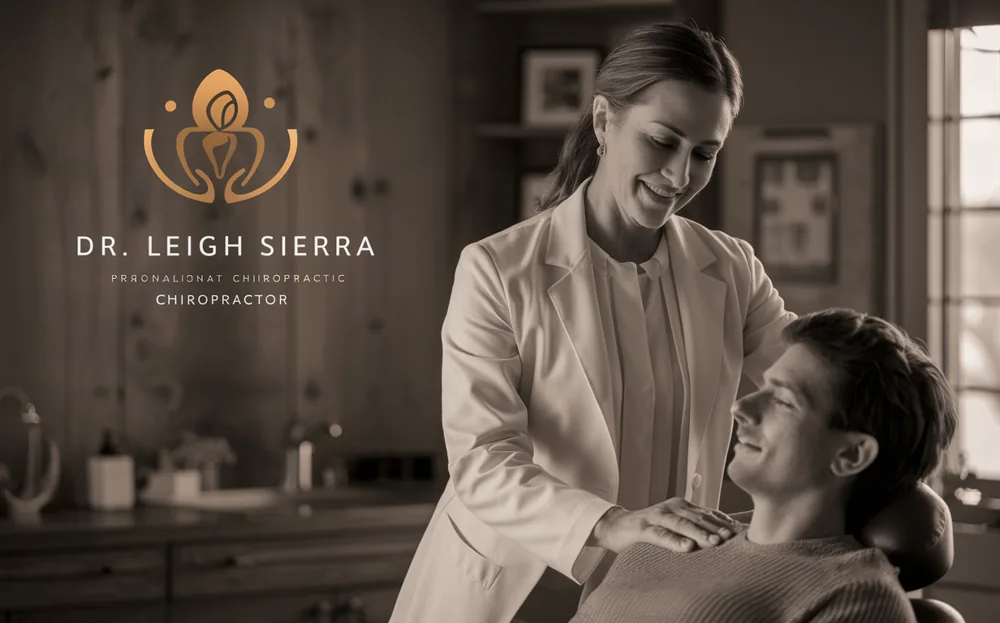 A female chiropractor in a light-colored blouse smiles warmly while providing chiropractic adjustment to a seated patient in a comfortable home setting. customized wellness programs and workshops for corporations
