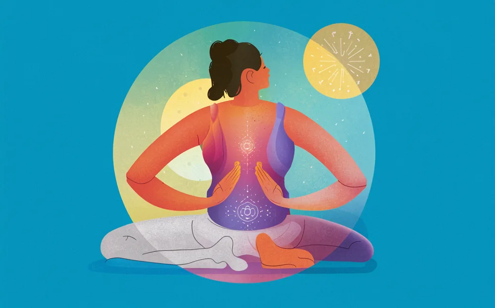 An illustration of a woman sitting in a meditative pose, surrounded by stylized leaves and clouds, representing the practice of meditation as a technique for pain relief and wellness.