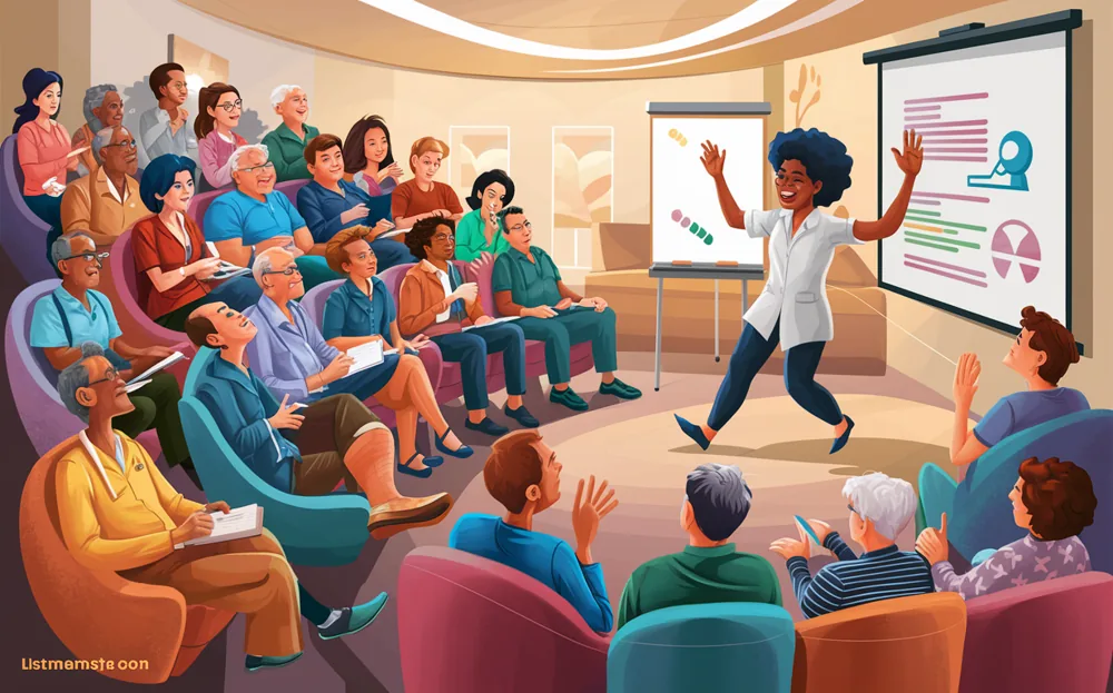 An illustration depicting a lively and diverse group attending an educational workshop, with a presenter enthusiastically delivering information using visual aids while participants actively engage by raising their hands and asking questions.