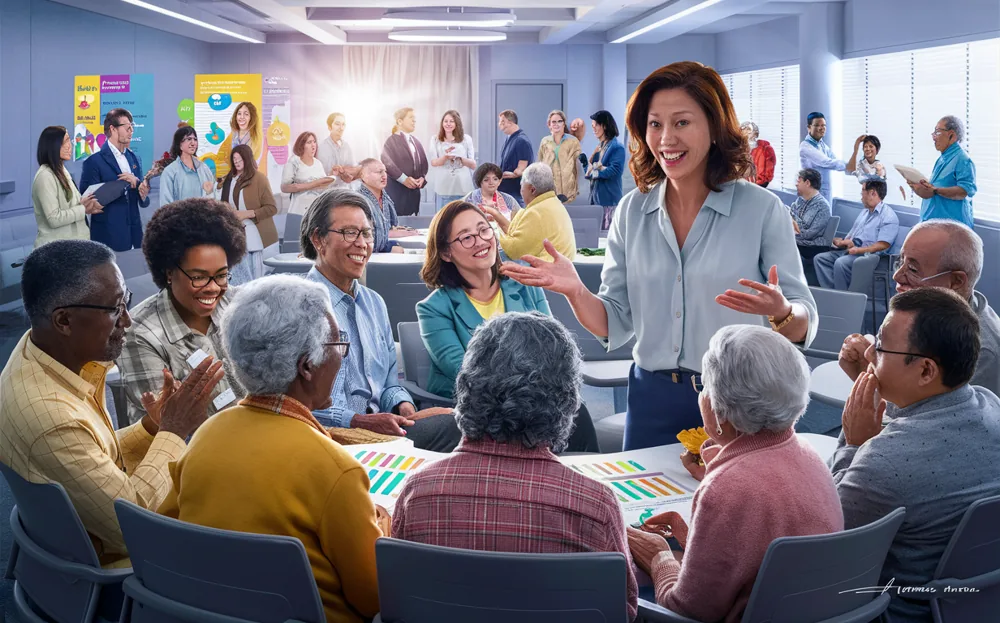 A lively and diverse group of people participating in an engaging educational workshop, with a smiling facilitator leading the session in a classroom-like setting with posters on the walls. Stress reduction and mindfulness techniques for corporate wellness