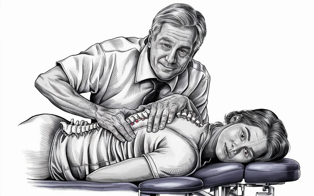 An illustration of a chiropractor adjusting the spine of a patient lying on a chiropractic table, using manual manipulation techniques