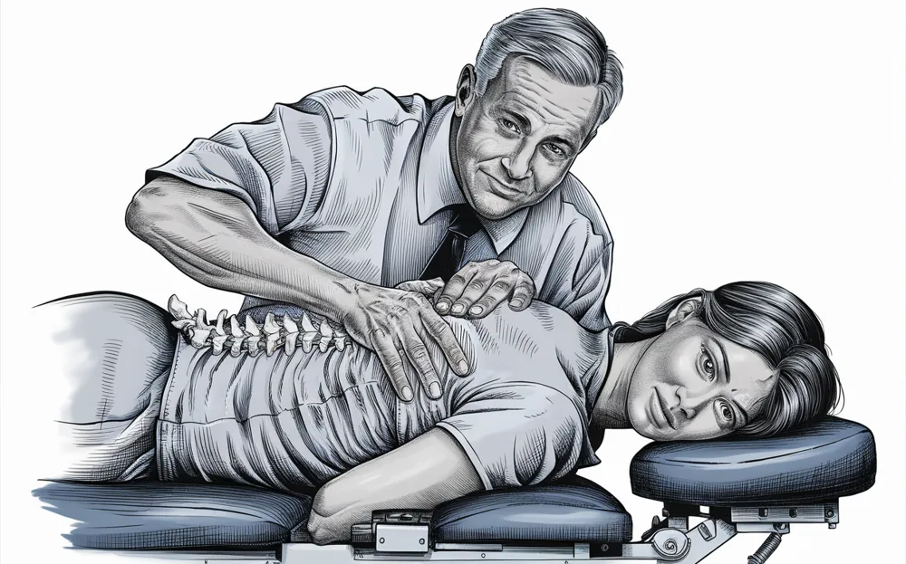 An illustration depicting a chiropractor adjusting the spine of a patient lying on a treatment table