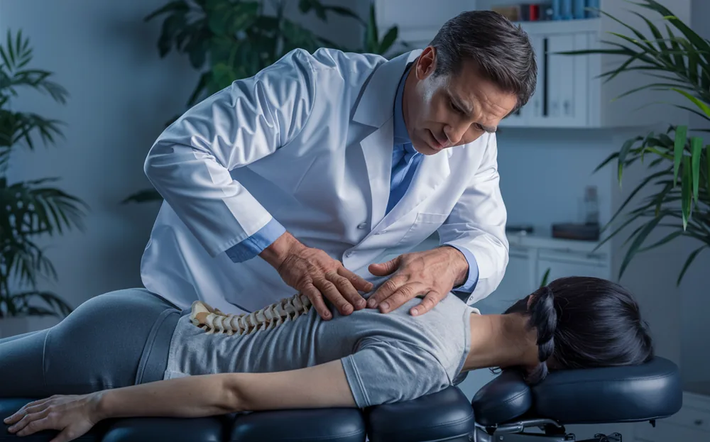 An illustration depicting a chiropractor performing a spinal adjustment on a patient lying face down, with the practitioner's hands applying pressure along the patient's spine, which is highlighted in red.
