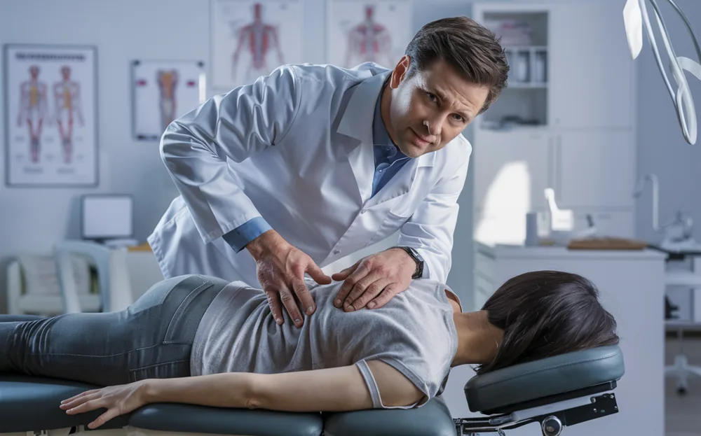 A chiropractor adjusting the spine of a patient lying on a treatment table in a medical office setting with anatomical charts on the walls